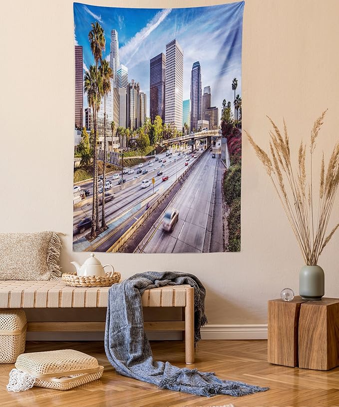 Ambesonne Travel Tapestry, Downtown Cityscape of Los Angeles California USA Avenue Buildings Palms Print, Wall Hanging for Bedroom Living Room Dorm Decor, 40" X 60", Blue Grey Green