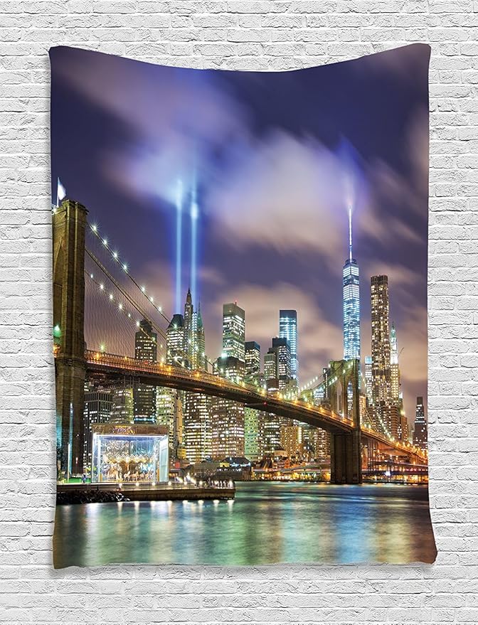Ambesonne Landscape Tapestry, Manhattan Skyline with Brooklyn Bridge and Towers in NYC United States America, Wall Hanging for Bedroom Living Room Dorm Decor, 60" X 80", Purple Green