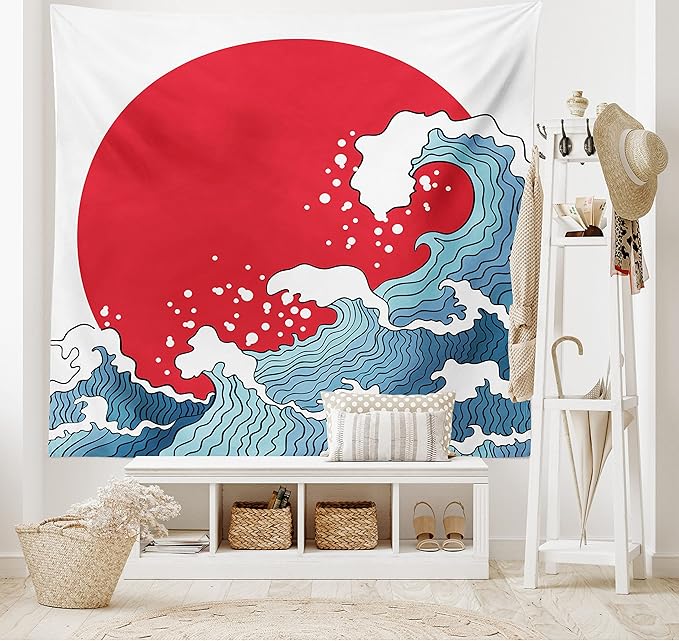 Ambesonne Japanese Wave Tapestry, Big Red Sun Setting Scenery Tropical Nautical Tsunami Swirls, Fabric Wall Hanging Decor for Bedroom Living Room Dorm, 23" X 28", Red Blue White