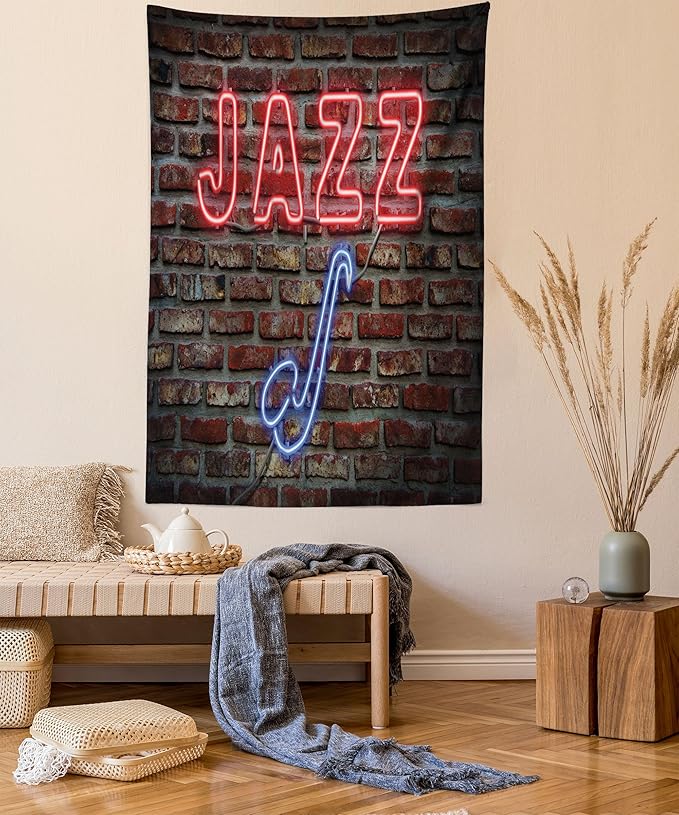Ambesonne Music Tapestry Twin Size, Image of Alluring Neon All Jazz Sign Saxophone Instrument on Brick Wall Print, Wall Hanging Bedspread Bed Cover Wall Decor, 68" X 88", Red Blue