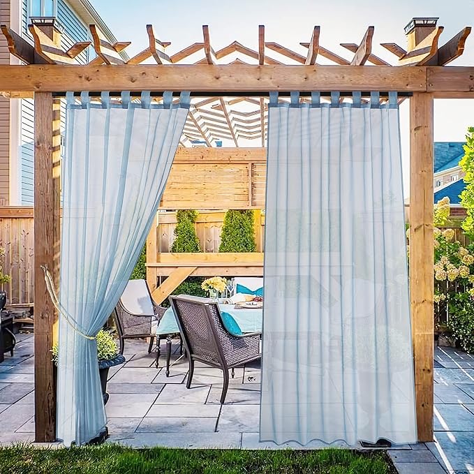NICETOWN 2 Panels Outdoor Sheer Curtains for Patio Waterproof, Detachable Sticky Tab Top Elegant & Airy Sheer Lightweight Drapes for Pergola/Pool, Stone Blue, W54 x L108