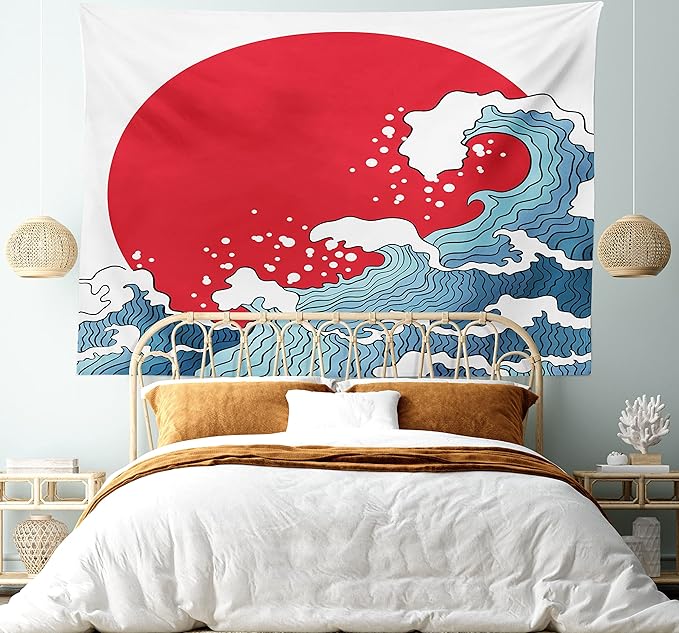 Ambesonne Japanese Wave Tapestry, Big Red Sun Setting Scenery Tropical Nautical Tsunami Swirls, Fabric Wall Hanging Decor for Bedroom Living Room Dorm, 23" X 28", Red Blue White