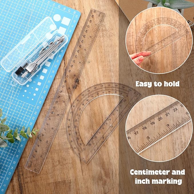 Zonon 3 Pcs Plastic Ruler 6 Inch Protractor Drawing Compass Set, Student Geometry Math Transparent Measuring Tools for Home School Classroom Office Supplies(12 Inch,Clear)