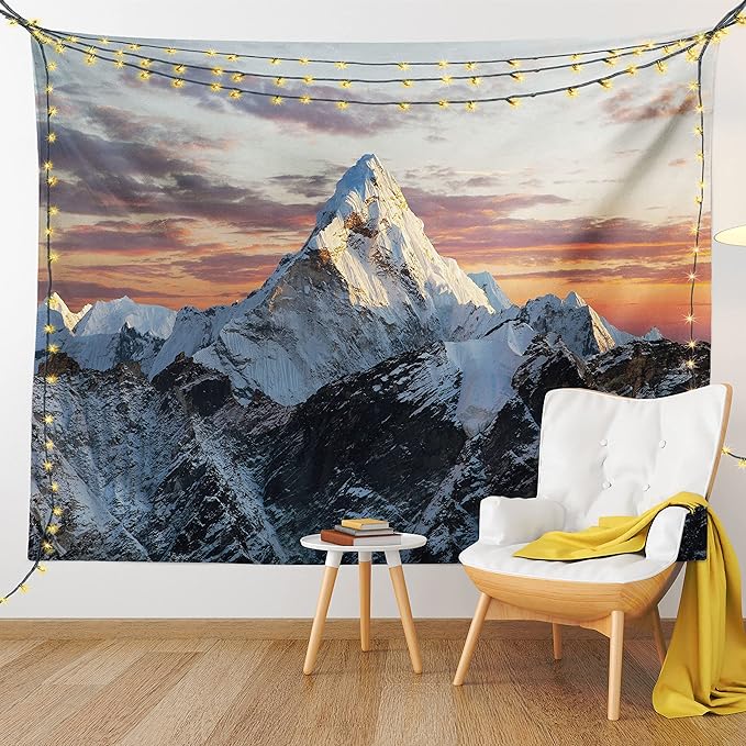 Ambesonne Mountain Tapestry Queen Size, Evening South High Hill Above the Sky Colorful Nepal Everest Photo, Wall Hanging Bedspread Bed Cover Wall Decor, 88" X 88", Bluegrey Salmon