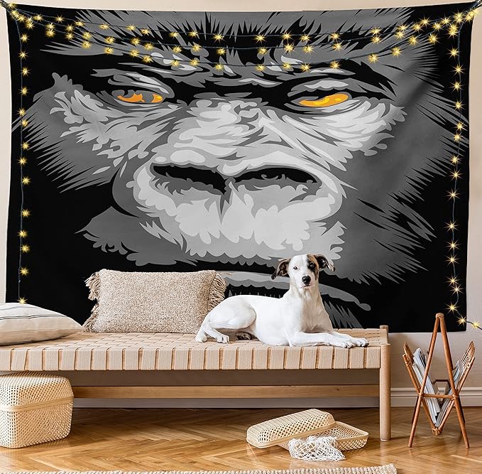 Ambesonne Modern Tapestry, Close up Gorilla Portrait with Orange Eyes Zoo Jungle Animal Wild Money Graphic, Fabric Wall Hanging Decor for Bedroom Living Room Dorm, 30" X 45", Grey Marigold