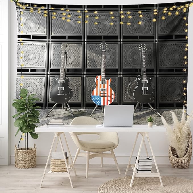 Ambesonne American Flag Tapestry, Black and Us Bass Guitar Electronic Rock Music Theme Digital Graphic Work, Wide Wall Hanging for Bedroom Living Room Dorm, 80" X 60", Charcoal Red