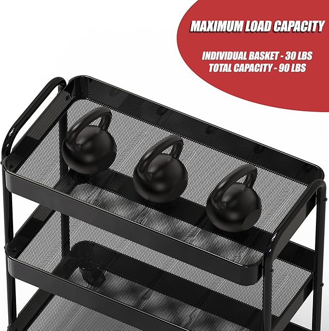 Simple Houseware 26" Extra-Wide 3-Tier Heavy Duty Service Cart, High-Capacity Metal Rolling Organizer for Spa, Salon, Office, and Home Storage, Black