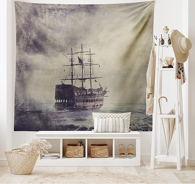Ambesonne Nautical Tapestry King Size, Old Pirate Ship in the Sea Historical Cruise Retro Voyage Grunge Style Art, Wall Hanging Bedspread Bed Cover Wall Decor, 104" X 88", Tan Plum