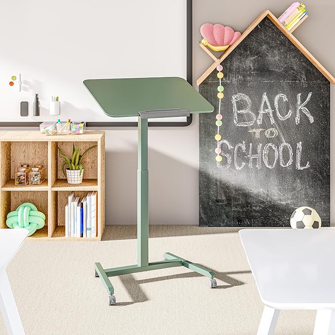 Seville Classics Airlift Height Adjustable Pneumatic Laptop Sit Stand Desk Mobile Rolling Cart, Computer Workstation for Home Office, Classroom, Sage Green, 25.6" Tilting Desktop