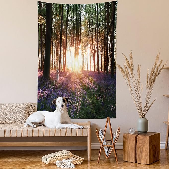 Ambesonne Forest Tapestry, Bluebell Woods Sunrise with White Rabbit Sunny Spring Day in Woodland, Fabric Wall Hanging Decor for Bedroom Living Room Dorm, 30" X 45", Purple Green