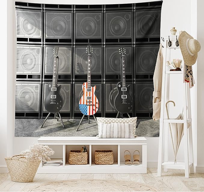 Ambesonne American Flag Tapestry, Black and Us Bass Guitar Electronic Rock Music Theme Digital Graphic Work, Wide Wall Hanging for Bedroom Living Room Dorm, 80" X 60", Charcoal Red