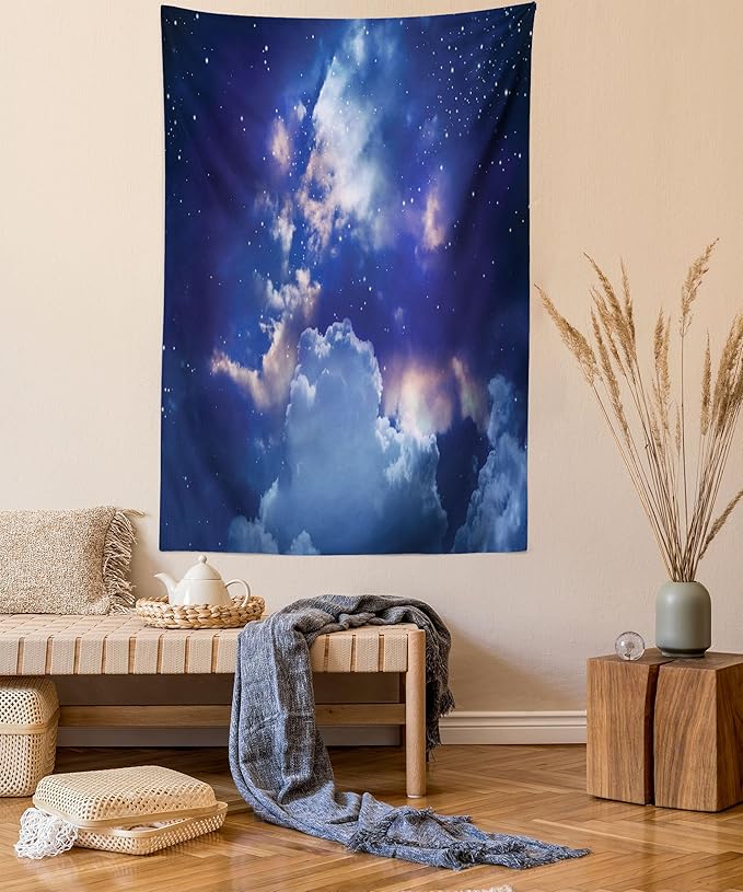Ambesonne Space Tapestry Queen Size, Magic Sky View with Star and Clouds Celestial Colorful World Cosmic Expanse Theme, Wall Hanging Bedspread Bed Cover Wall Decor, 88" X 88", White and Blue