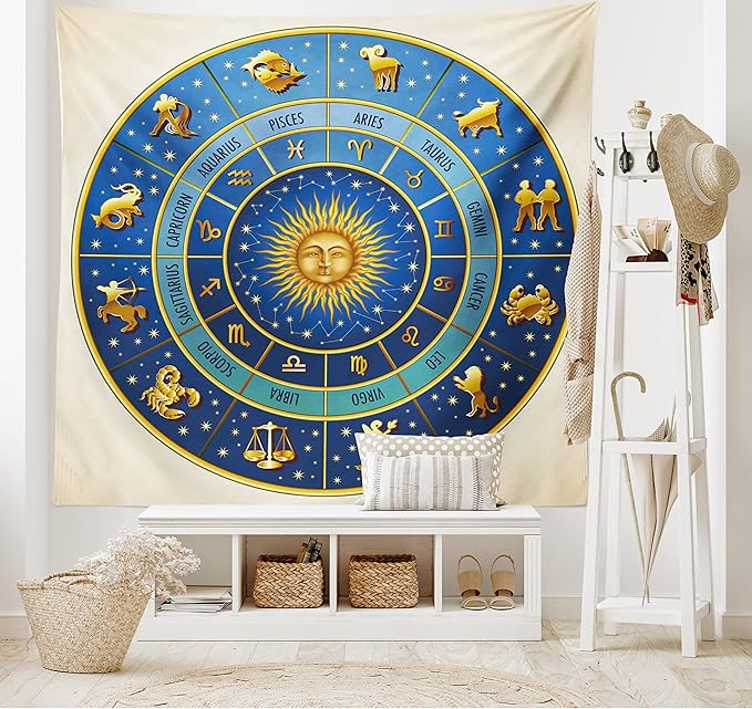 Ambesonne Astrology Tapestry King Size, Wheel of Astrological Signs Names Dates Moon Sun in Middle, Wall Hanging Bedspread Bed Cover Wall Decor, King Size, Blue Yellow and Cream