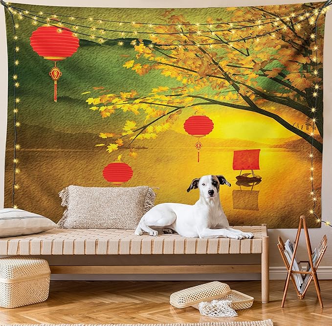Ambesonne Oriental Tapestry Twin Size, Traditional Chinese Folk Hanging from Pale Fall Trees Lake Faded Nature Photo, Wall Hanging Bedspread Bed Cover Wall Decor, 68" X 88", Yellow Green