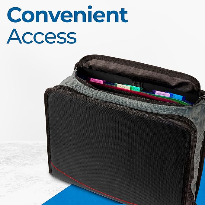 Case-it Mighty Zip Tab School Zipper Binder | 3-Inch O-Rings, 600-Sheet Capacity, 5-Subject Expanding File Folder, Multiple Pockets & Storage Organizer, Shoulder Strap | D-146 Jet Black | 6 Pack