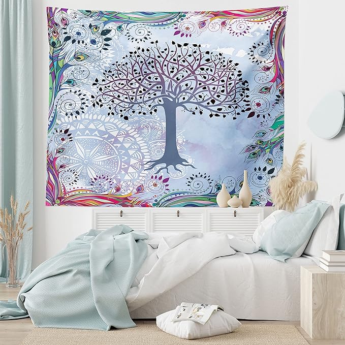 Ambesonne Nature Tapestry, Tree of Life Motif Peacock Feathers Tribal Vintage Prehistoric Flora Illustration, Fabric Wall Hanging Decor for Bedroom Living Room Dorm, 45" X 30", Blue
