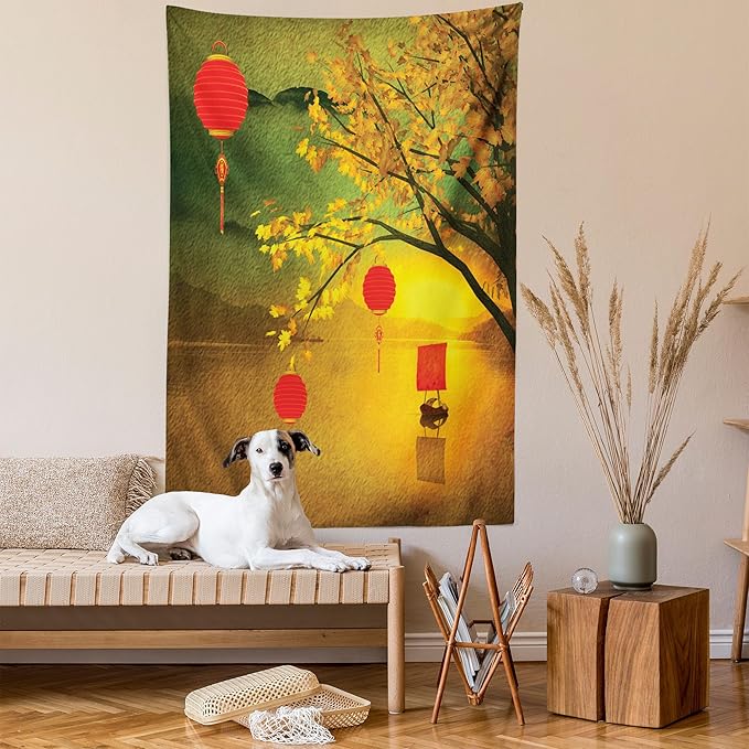 Ambesonne Oriental Tapestry, Traditional Chinese Folk Hanging from Pale Fall Trees Lake Faded Nature Photo, Fabric Wall Hanging Decor for Bedroom Living Room Dorm, 23" X 28", Yellow Green