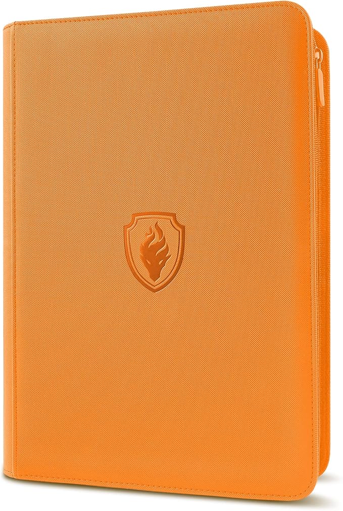 Premium Zip Card Binder, Fabmaker 9 Pocket Trading Card Binder, PU Cover Zipper Card Collection Album, Sturdy 360 Side-Loading Card Folder Holder for Game & Sports Cards, Orange