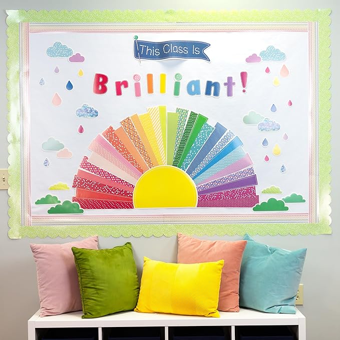 Carson Dellosa Crafty and Cool 69-Piece Motivational Bulletin Board Set, Banner with Inspirational Quote, Sun, Clouds, Grass, and Raindrops Classroom Decor