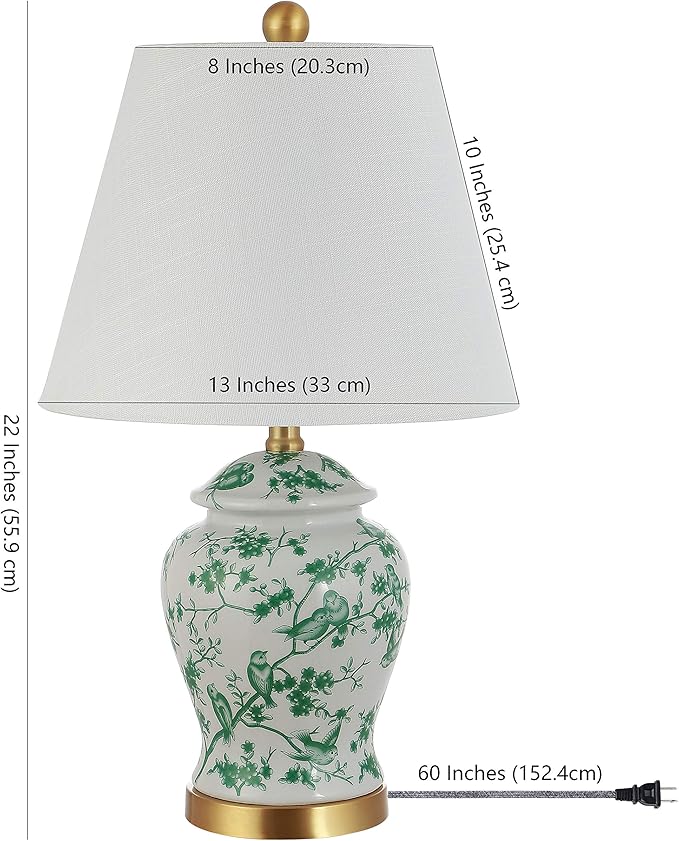 JONATHAN Y 22" White/Green Ceramic Table Lamp, French Country Chinoiserie Ginger Jar LED Bedside Lamp for Living Room Bedroom, White Linen Shade (JYL3005B)
