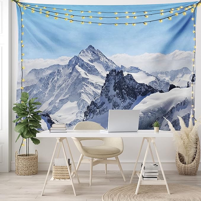 Ambesonne Winter Tapestry, Snowy Rocky Mountain Peaks Tops Scene High Lands ICY Frozen Swiss Outdoor Art, Wide Wall Hanging for Bedroom Living Room Dorm, 60" X 40", Blue and White