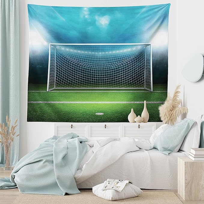 Ambesonne Soccer Tapestry, Soccer Goal Post Sports Area Winner Loser Line Floodlit Best Team Finals Game Theme, Fabric Wall Hanging Decor for Bedroom Living Room Dorm, 45" X 30", Green and Blue