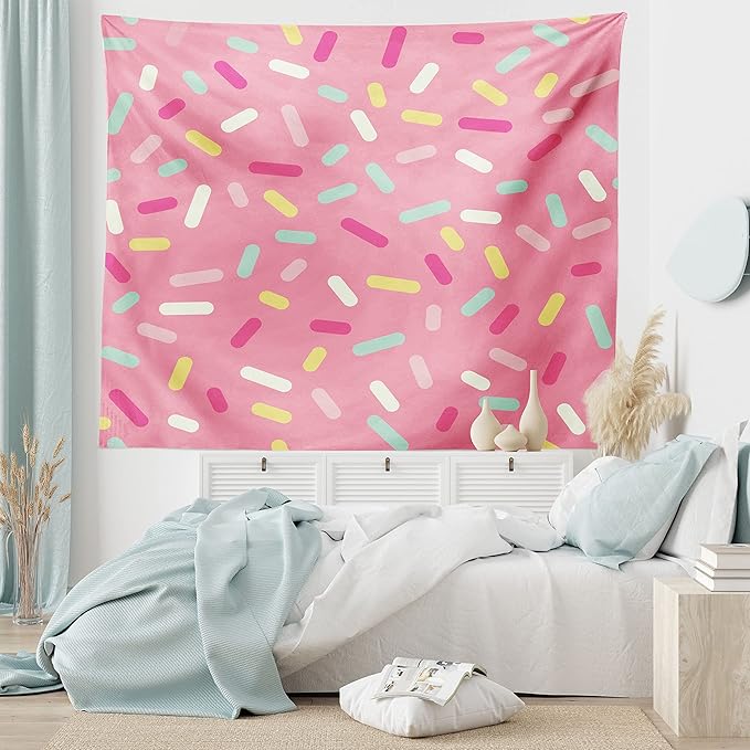 Ambesonne Pink and White Tapestry, Abstract Pattern of Colorful Donut Sprinkles Tasty Food Bakery Theme, Fabric Wall Hanging Decor for Bedroom Living Room Dorm, 28" X 23", Pink Yellow