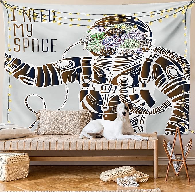 Ambesonne Outer Space Tapestry, Funny Love Words with a Floral Head Cosmonaut Pilot Man Humor Illustration, Wall Hanging for Bedroom Living Room Dorm Decor, 40" X 60", Grey Brown