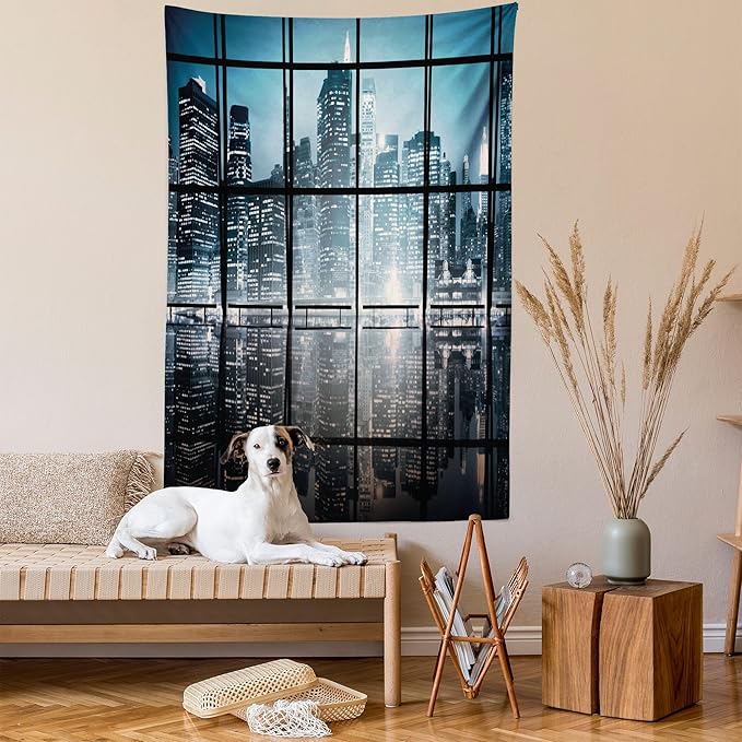 Ambesonne Modern Tapestry, Modern New York City Scenery at Night with Skyscrapers Buildings Print, Fabric Wall Hanging Decor for Bedroom Living Room Dorm, 23" X 28", Black Blue