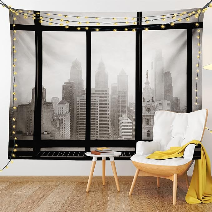 Ambesonne City Tapestry, Philadelphia City Rooftop View Through Window Skyline Landmark Rooftop Travel, Fabric Wall Hanging Decor for Bedroom Living Room Dorm, 30" X 45", Grey Black