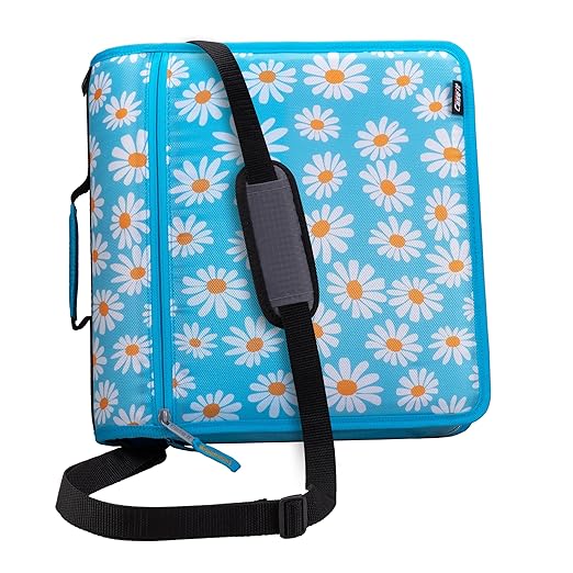 Case-it Mighty Zip Tab School Zipper Binder | 3-Inch O-Rings, 600-Sheet Capacity, 5-Subject Expanding File Folder, Multiple Pockets & Storage Organizer, Shoulder Strap | D-146 Light Blue Daisy