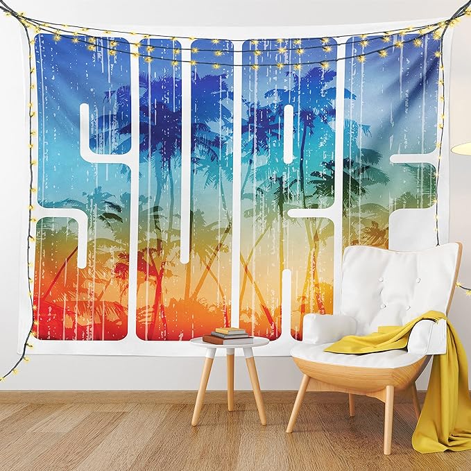 Ambesonne Surf Tapestry King Size, Summer Theme Retro Letters That Reflect the Seacoast Palm Tree Extreme Sports Art, Wall Hanging Bedspread Bed Cover Wall Decor, 104" X 88", Navy Orange
