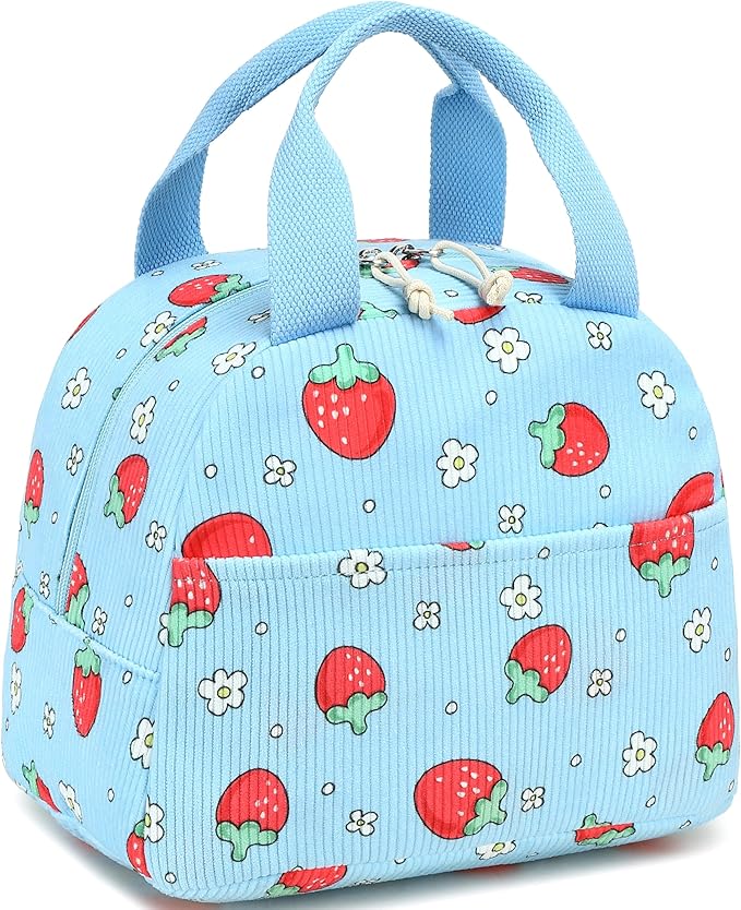 LEDAOU Lunch Box for Women Insulated Lunch Bag Corduroy Lunch Tote Bags Leakproof Cooler Lunch Case for Travel Work Picnic (Blue Strawberry)