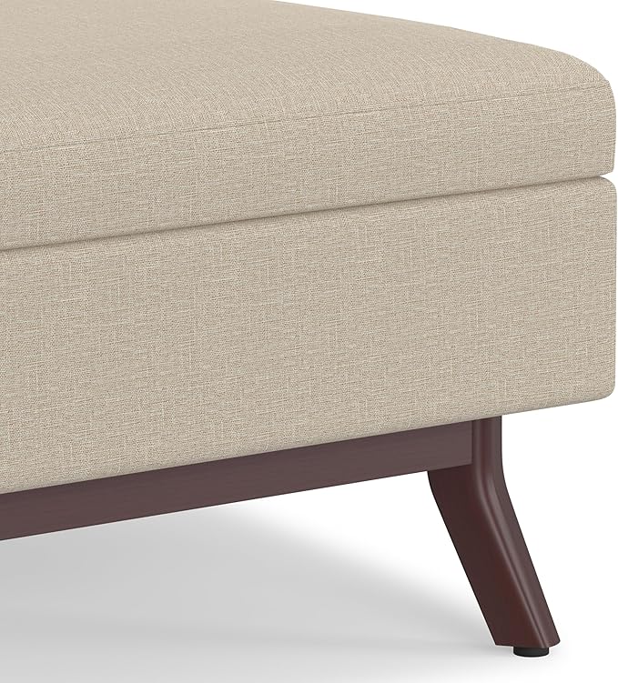 SIMPLIHOME Owen Coffee Table Storage Ottoman - 34 inch Wide Upholstered Linen Look Fabric Rectangular Lift-Top Ottoman in Natural, Mid-Century Modern Bench for Living Room with Tapered Legs