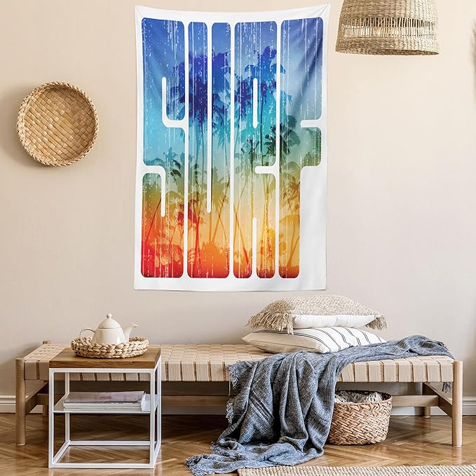 Ambesonne Surf Tapestry, Summer Theme Retro Letters That Reflect the Seacoast Palm Tree Extreme Sports Art, Fabric Wall Hanging Decor for Bedroom Living Room Dorm, 23" X 28", Navy Orange