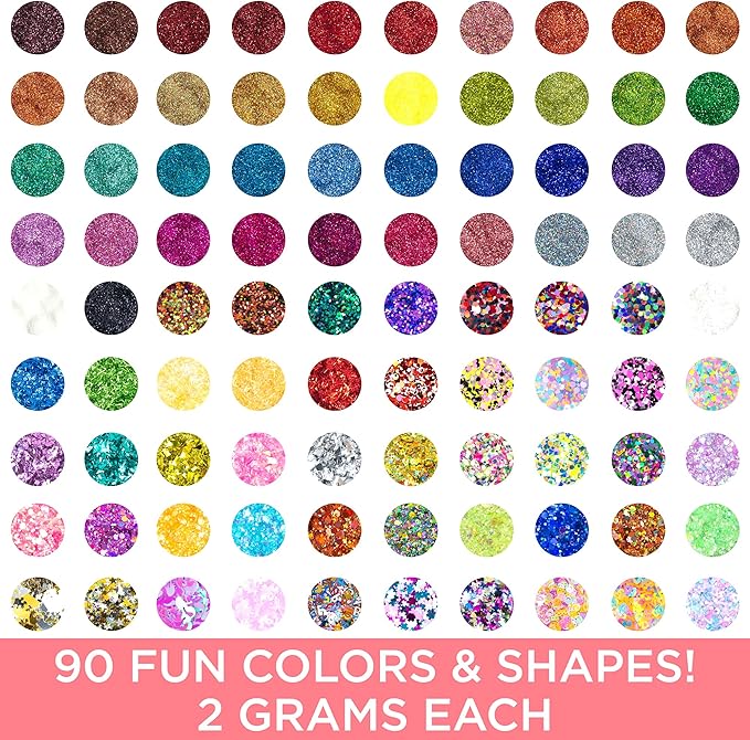 Horizon Group USA Assorted Glitter Pack - 90 Pieces, Fine, Neon, Shapes, Foil & More, Great For Resin, Arts & Crafts, DIY & School Supplies