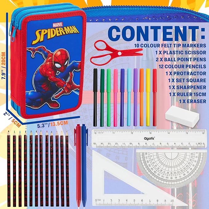 Marvel Spiderman Pencil Case with Colored Pencils Markers School Supplies Set Pen Holder Stationery Art Kit Gifts for Boys (Multi)