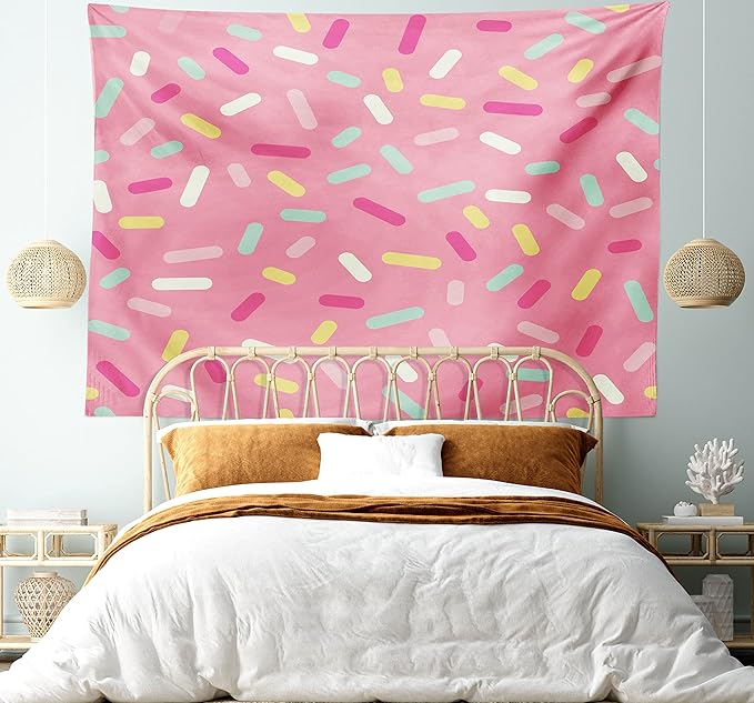 Ambesonne Pink and White Tapestry, Abstract Pattern of Colorful Donut Sprinkles Tasty Food Bakery Theme, Fabric Wall Hanging Decor for Bedroom Living Room Dorm, 28" X 23", Pink Yellow