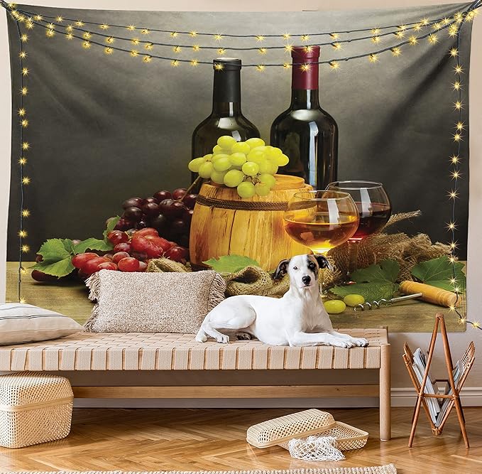 Ambesonne Winery Tapestry King Size, Cask Bottles and Glasses of Wine and Ripe Grapes on Wooden Table Picture Print, Wall Hanging Bedspread Bed Cover Wall Decor, 104" X 88", Grey Taupe