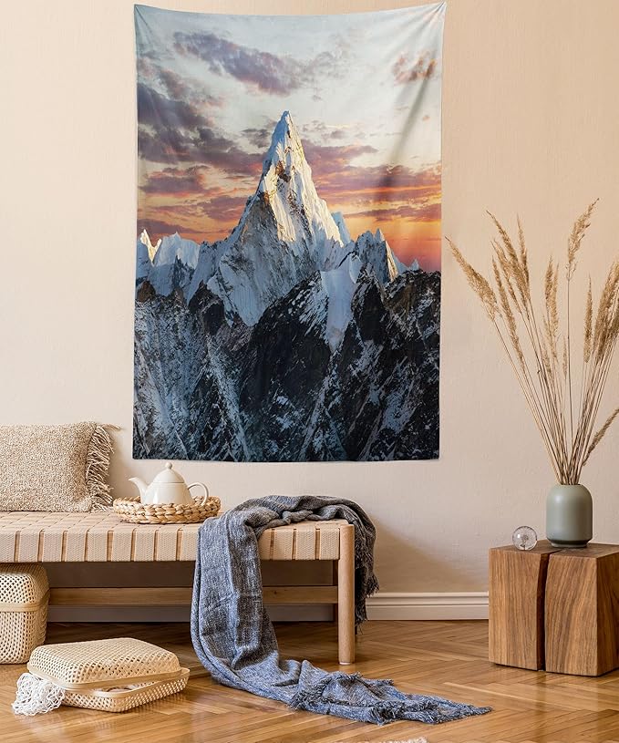 Ambesonne Mountain Tapestry Queen Size, Evening South High Hill Above the Sky Colorful Nepal Everest Photo, Wall Hanging Bedspread Bed Cover Wall Decor, 88" X 88", Bluegrey Salmon