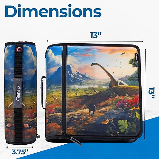 Case-it Mighty Zip Tab School Zipper Binder | 3-Inch O-Rings, 600-Sheet Capacity, 5-Subject Expanding File Folder, Multiple Pockets & Storage Organizer, Shoulder Strap | D-146 Dinosaur Mountain