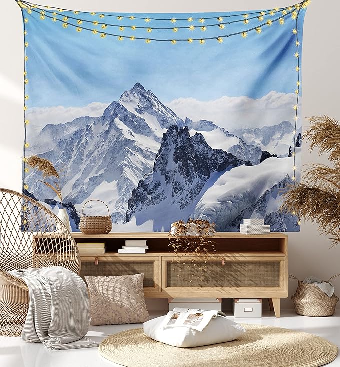 Ambesonne Winter Tapestry, Snowy Rocky Mountain Peaks Tops Scene High Lands ICY Frozen Swiss Outdoor Art, Wide Wall Hanging for Bedroom Living Room Dorm, 60" X 40", Blue and White