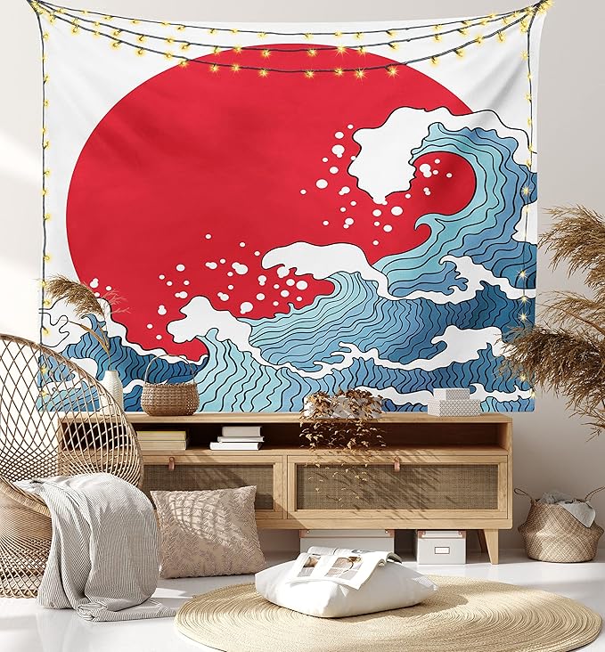Ambesonne Japanese Wave Tapestry, Big Red Sun Setting Scenery Tropical Nautical Tsunami Swirls, Fabric Wall Hanging Decor for Bedroom Living Room Dorm, 23" X 28", Red Blue White