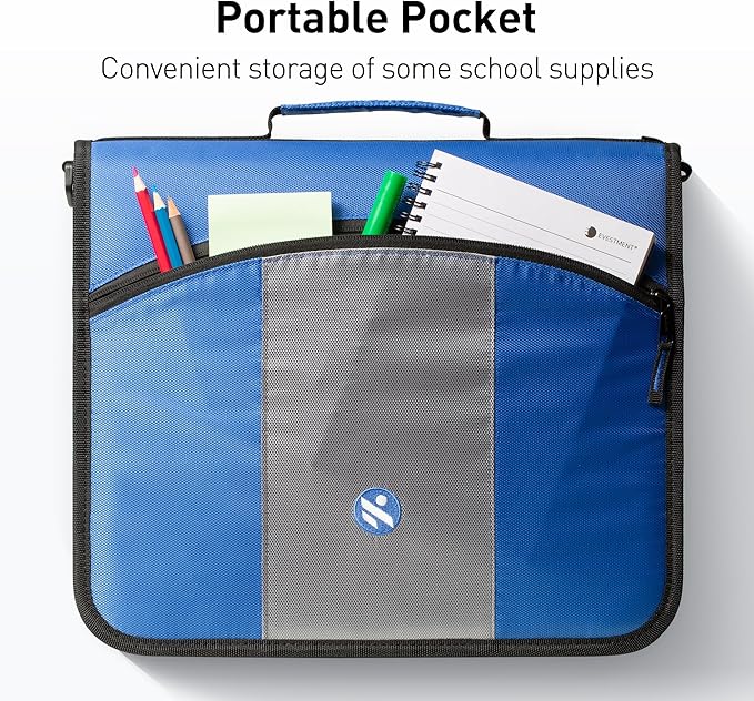 3-Inch 3 Round Rings Zipper Binder, Handle and Shoulder Strap Included, Blue