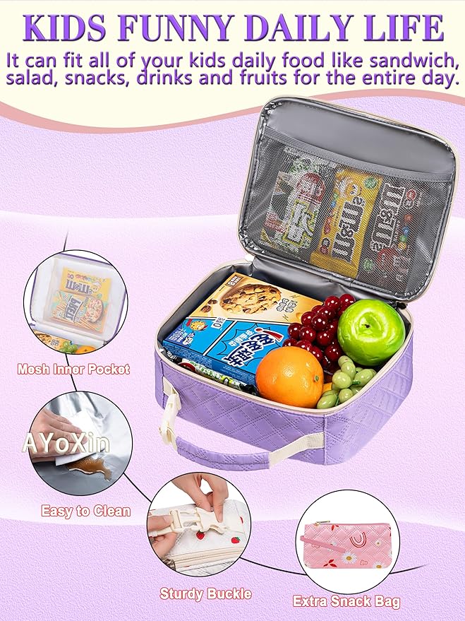 Purple Girls Backpacks with Lunch Box for Teens Kids for Age 6-8 8-10 10-12 Cute School Bag for Middle High School Primary Preppy Bookbag Mochila Para Niñas
