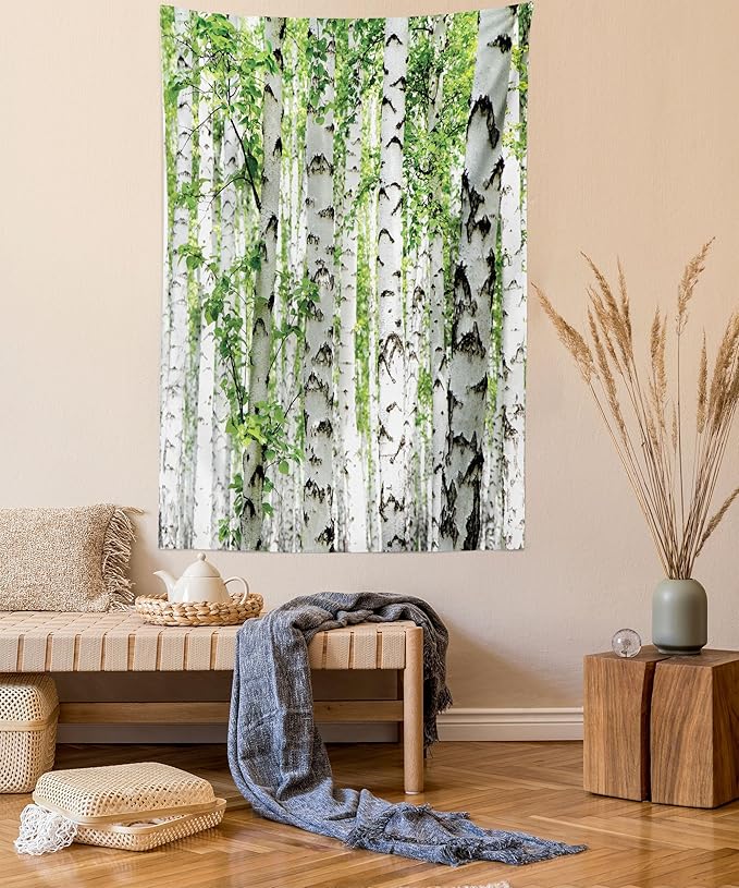 Ambesonne Woodland Tapestry, Birch Trees in The Forest Summertime Wildlife Nature Outdoors Themed Picture, Fabric Wall Hanging Decor for Bedroom Living Room Dorm, 30" X 45", White Green