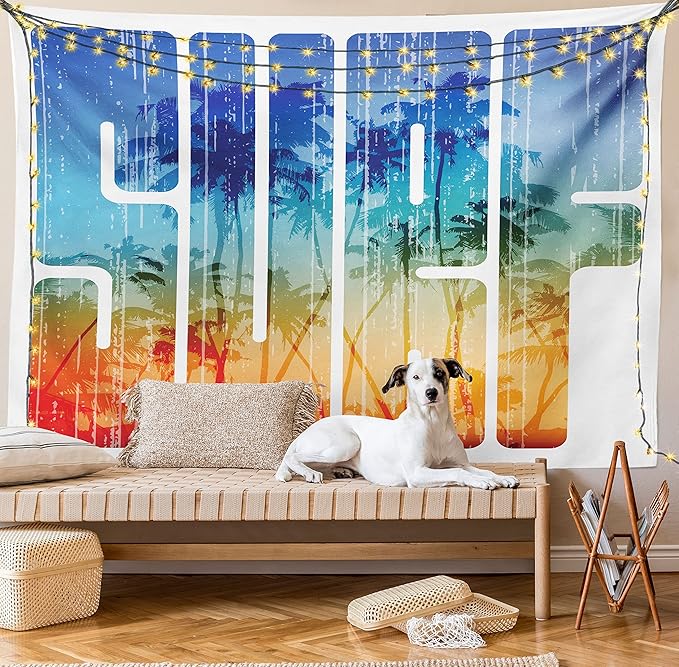 Ambesonne Surf Tapestry, Summer Theme Retro Letters That Reflect the Seacoast Palm Tree Extreme Sports Art, Fabric Wall Hanging Decor for Bedroom Living Room Dorm, 23" X 28", Navy Orange