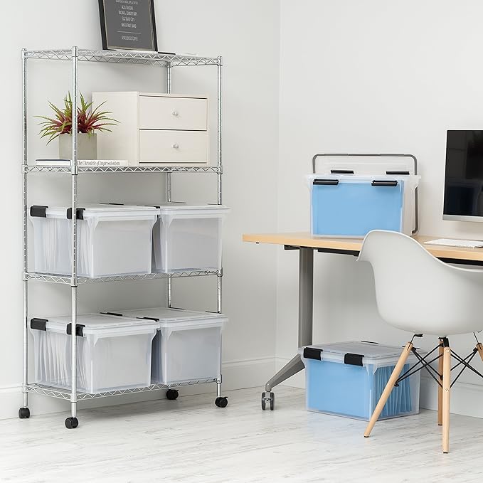 IRIS USA File Box WeatherPro File Organizer Plastic File Box for Letter/Legal File, Water Resistant Document Box, Durable Lid, Seal w/Secure Latching Buckles, Stackable, Nestable, Clear 32 Qt. 1 Pack