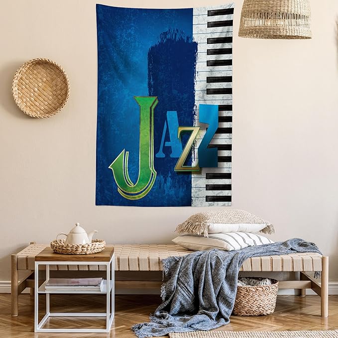 Ambesonne Jazz Music Tapestry, Abstract Cracked Background Piano Keys Themed Print Rhytym Image, Fabric Wall Hanging Decor for Bedroom Living Room Dorm, 23" X 28", Navy Green White