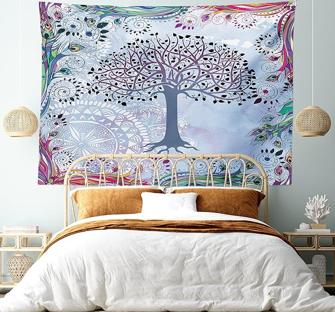 Ambesonne Nature Tapestry, Tree of Life Motif Peacock Feathers Tribal Vintage Prehistoric Flora Illustration, Fabric Wall Hanging Decor for Bedroom Living Room Dorm, 45" X 30", Blue